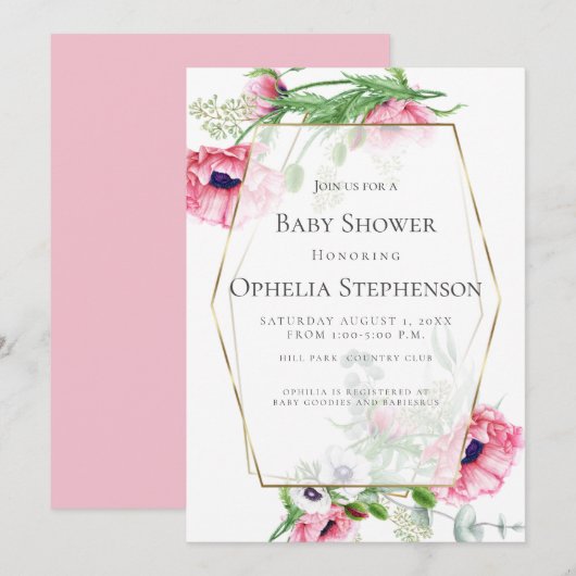 Invitation Baby shower | Poppies d'aquarelle rose (Devant / Derrière)