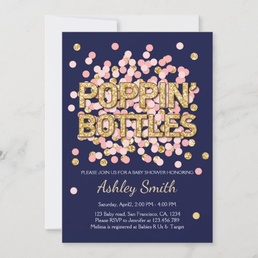 Invitation Baby shower Poppin Bouteilles Confetti Navy Rose (Devant)
