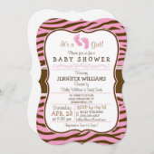 Invitation Baby shower Poster de animal Brown, Pink Zebra Str (Devant / Derrière)