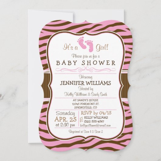 Invitation Baby shower Poster de animal Brown, Pink Zebra Str (Devant)