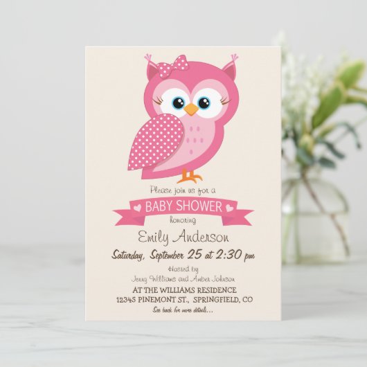 Invitation Baby shower Pot Owl rose et blanc (Debout devant)