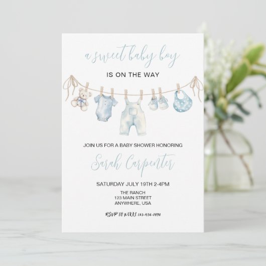 Invitation Baby shower pour bébé bleu (Debout devant)
