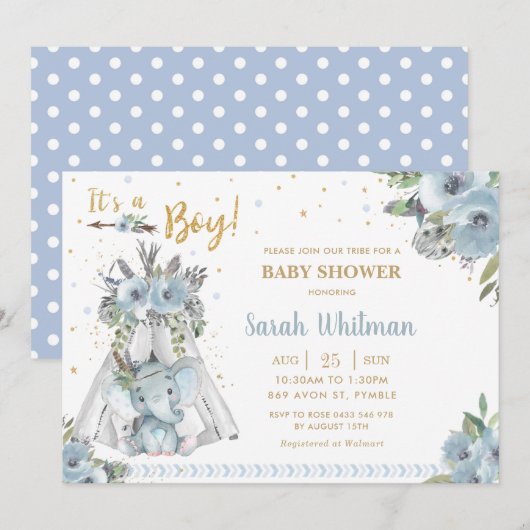 Invitation Baby shower pour bébé bleu bleu bleu de Cute Eleph (Devant / Derrière)