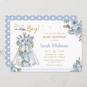 Invitation Baby shower pour bébé bleu bleu bleu de Cute Eleph