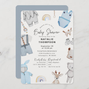 Invitation Baby shower pour bébé bleu et jouets