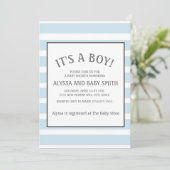Invitation Baby shower pour bébé garçon rayé bleu bébé (Debout devant)