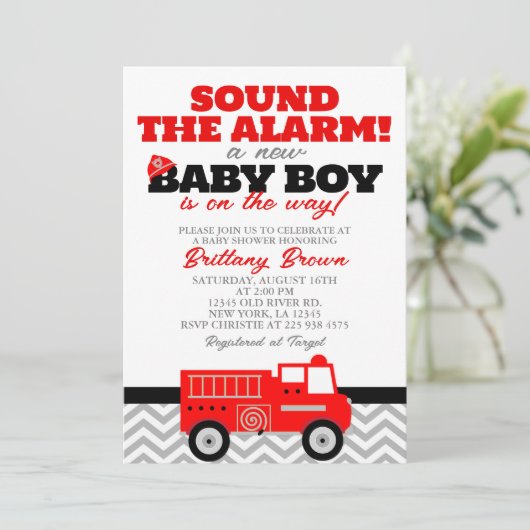 Invitation Baby shower pour camion à feu (Debout devant)
