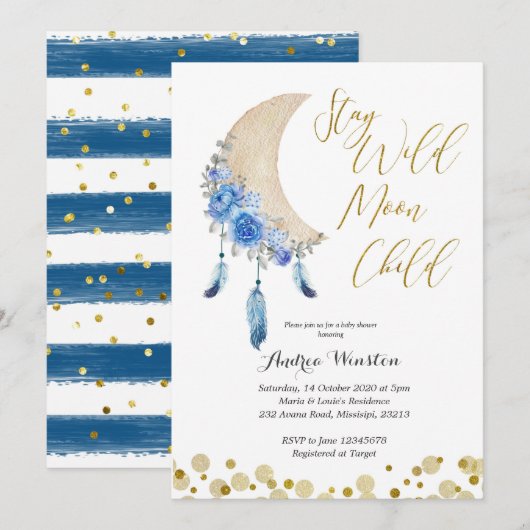 Invitation Baby shower pour enfants Blue Stay Wild Moon (Devant / Derrière)