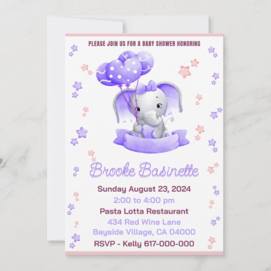 Invitation Baby shower pour fille rose et pourpre bébé élépha (Devant)