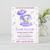 Invitation Baby shower pour fille rose et pourpre bébé élépha (Debout devant)