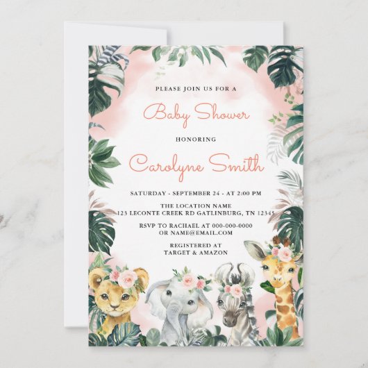 Invitation Baby shower pour filles Safari Animaux (Devant)