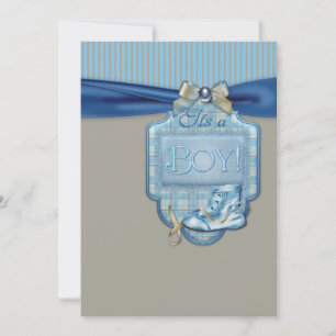 Invitation Baby-shower pour garçon aux chaussons bleus marron