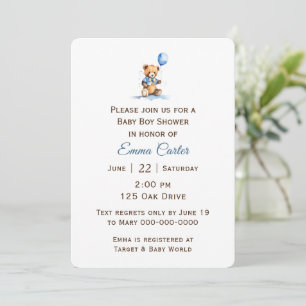 Invitation Baby-shower pour garçon avec ours en peluche et ba
