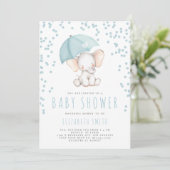 Invitation Baby shower pour garçon avec pluie d'éléphant bleu (Debout devant)