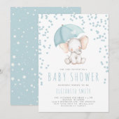 Invitation Baby shower pour garçon avec pluie d'éléphant bleu (Devant / Derrière)