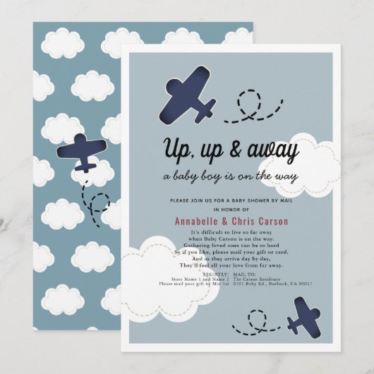 Invitation Baby shower pour garçon bleu de l'avion vers le ha (Devant / Derrière)