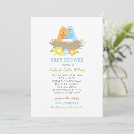 Invitation Baby Shower pour Garçon sur le Thème des Oiseaux N (Debout devant)