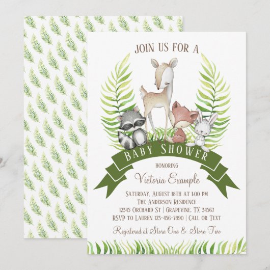 Invitation Baby shower pour garçons de bois d'animaux verts (Devant / Derrière)