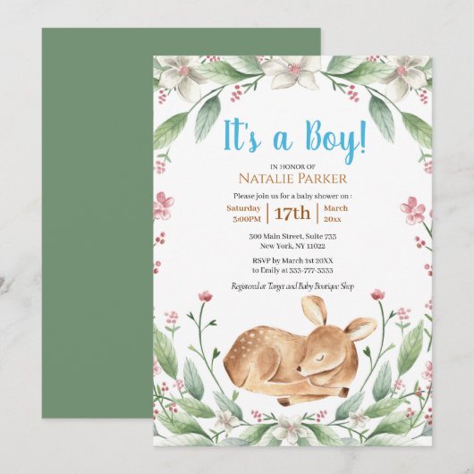 Invitation Baby shower pour garçons de bois de cerf de fleurs (Devant / Derrière)