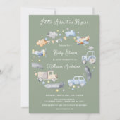Invitation Baby shower pour garçons de transport d'aventure (Devant)