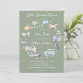 Invitation Baby shower pour garçons de transport d'aventure (Debout devant)