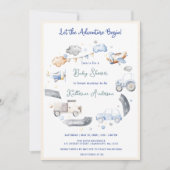Invitation Baby shower pour garçons de transport d'aventure (Devant)