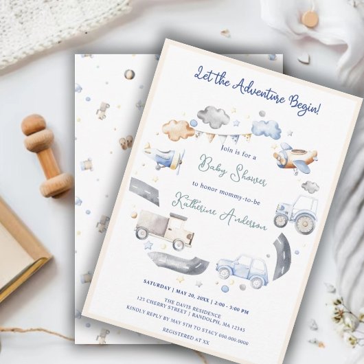 Invitation Baby shower pour garçons de transport d'aventure