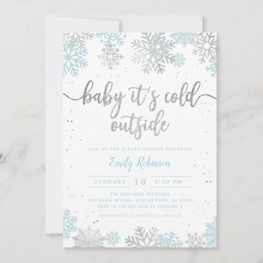 Invitation Baby shower Pour Garçons D'Hiver Blue Et Silver Sn (Devant)