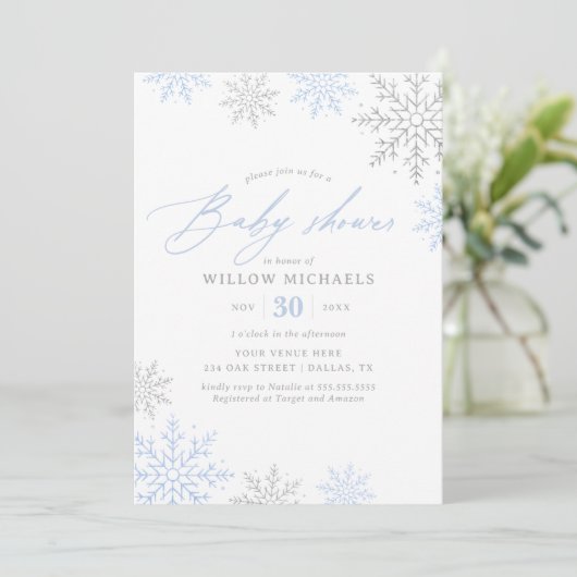 Invitation Baby shower pour garçons d'hiver Blue Snowflake (Debout devant)