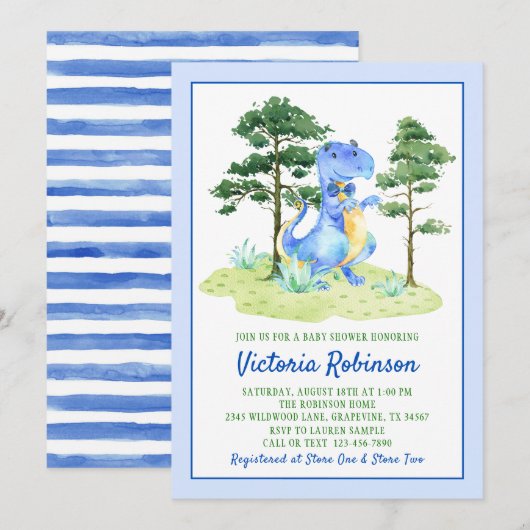 Invitation Baby shower pour garçons Dinosaur Aquarelle (Devant / Derrière)