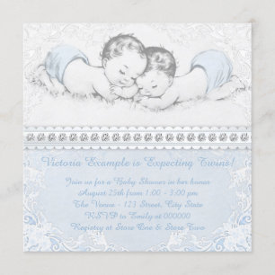 Invitation Baby-Shower pour jumeaux garçons bleu élégant