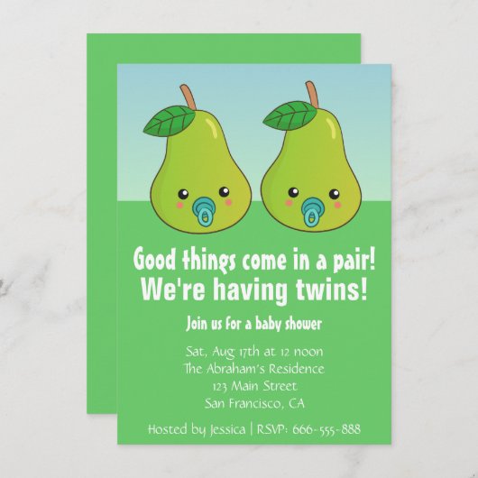 Invitation Baby shower pour les jumeaux - poires mignonnes (Devant / Derrière)