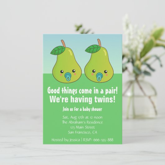 Invitation Baby shower pour les jumeaux - poires mignonnes (Debout devant)