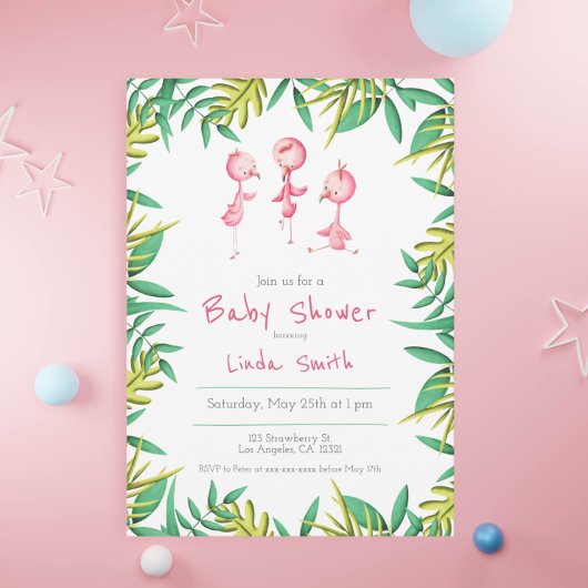 Invitation Baby Shower pour les triplés Flamingo Tropical