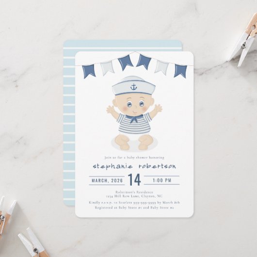 Invitation Baby-Shower pour Petit Garçon sur le Thème Marin (Devant/Arrière en situation)
