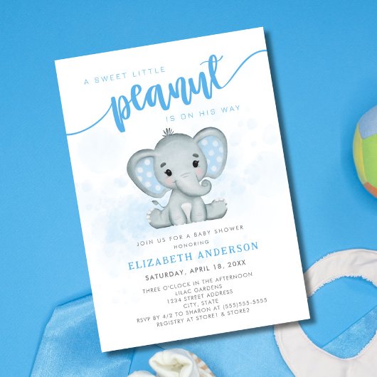 Invitation Baby shower pour petits arachides Blue Elephant