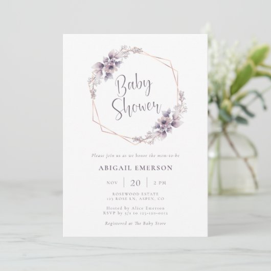 Invitation Baby shower pourpre (Debout devant)