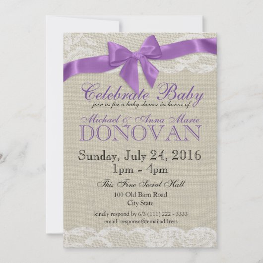 Invitation Baby shower pourpre Burlap et dentelle (Devant)