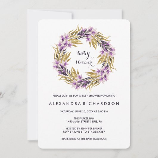Invitation Baby shower pourpre de fleurs de magnolia de noir (Devant)