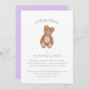 Invitation Baby shower pourpre de l'ours en peluche classique