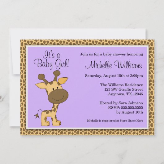 Invitation Baby shower pourpre mignon de fille de girafe (Devant)