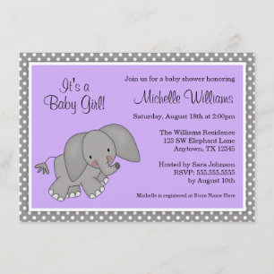 Invitation Baby shower pourpre mignon de fille d'éléphant