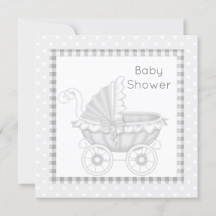 INVITATION BABY SHOWER PRAM vintage GRAS/BLANC