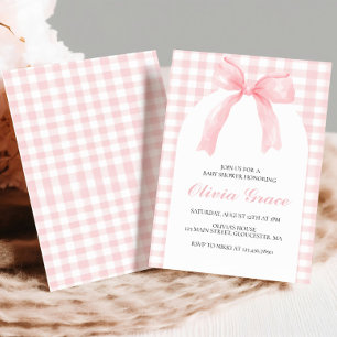Invitation Baby shower prépa avec un nœud rose et gingham