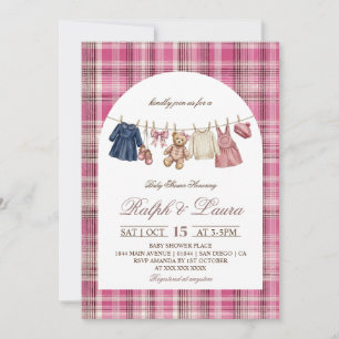 Invitation Baby shower Préparatoire Rose à carreaux ours