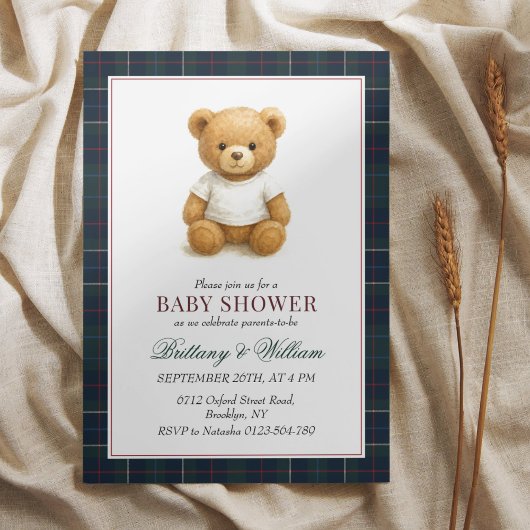 Invitation Baby shower préppy Teddy Bear Plaid