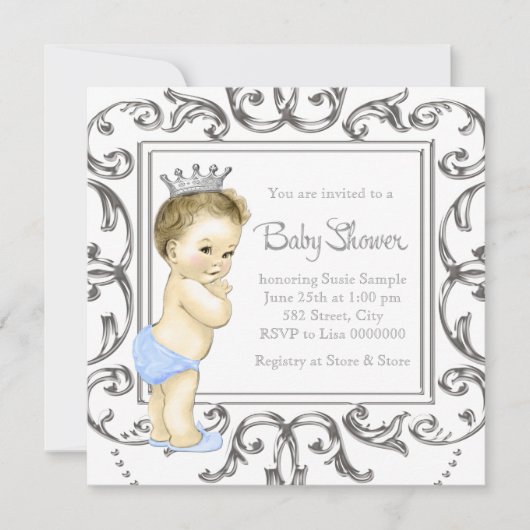 Invitation Baby Shower Prince Argent et Bleu (Devant)