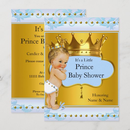 Invitation Baby shower Prince Boy Blue Gold Crown Blonde (Devant / Derrière)
