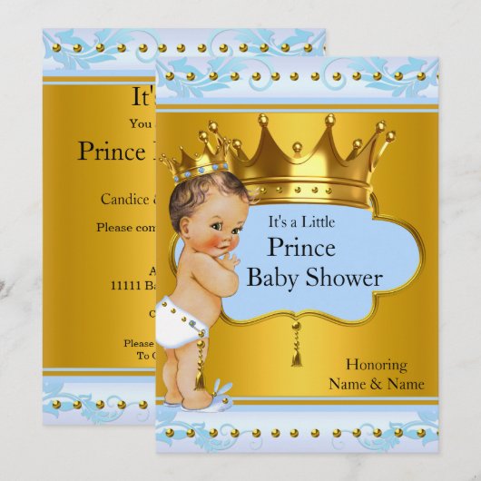 Invitation Baby shower Prince Boy Blue Gold Crown Brunette (Devant / Derrière)
