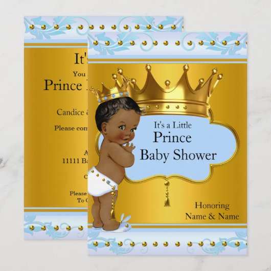 Invitation Baby shower Prince Cute Boy Blue Gold Crown Ethnic (Devant / Derrière)